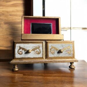 VINTAGE 1970s WOODEN JEWELRY BOX WITH MIRROR & FOUR DRAWERS
